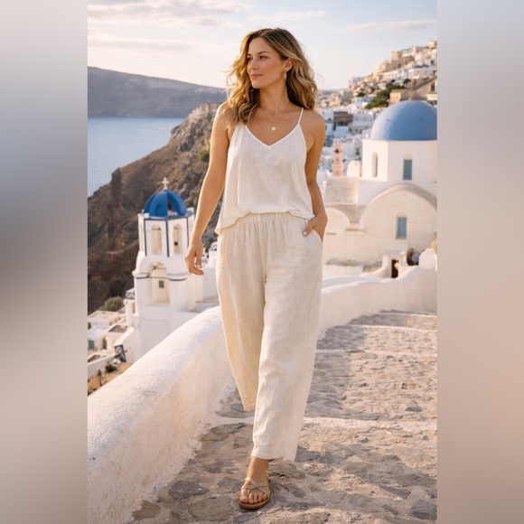 Flax Pants - Flax White Linen Pants Pull On Style Relaxed Minimalist Size S Summer Resort
